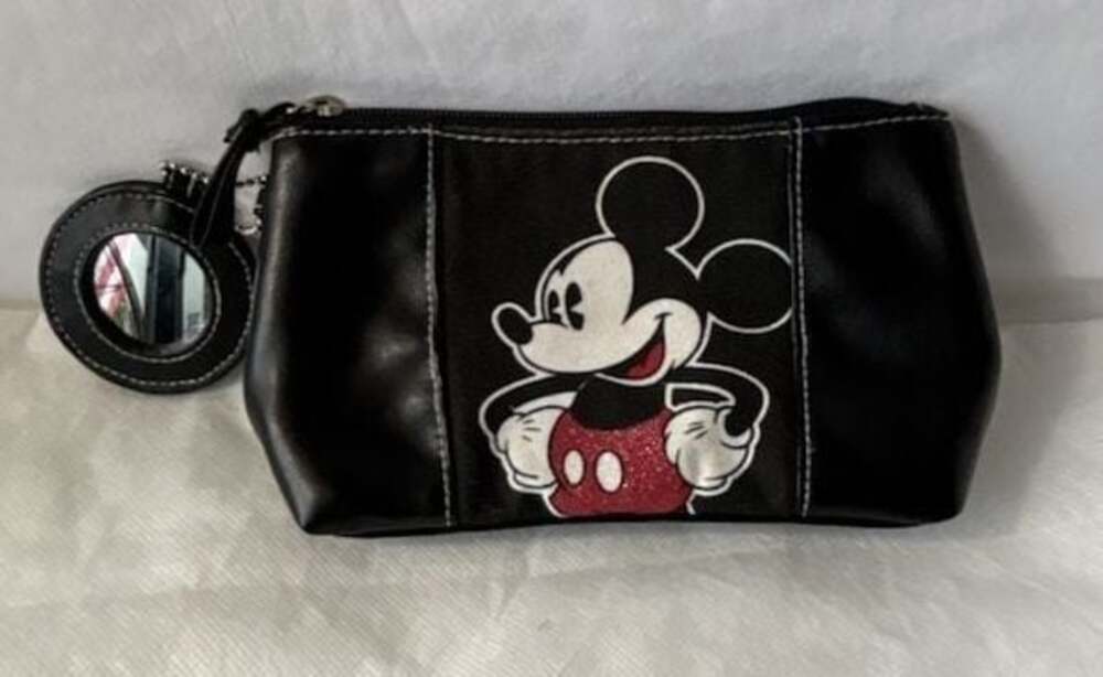 Disney Mickey Mouse Black Faux Leather Cosmetic Pouch with Mirror Charm